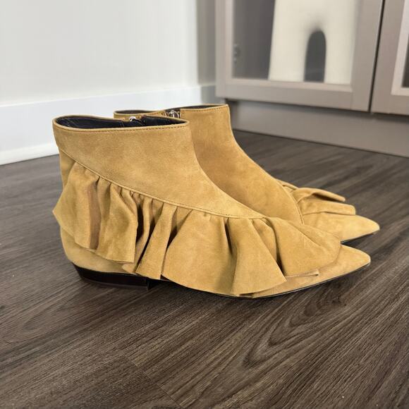 JW Anderson Pierce Tan Suede Ruffle Trim Pointed Ankle Bootie 38 Camel Leather - Picture 1 of 7